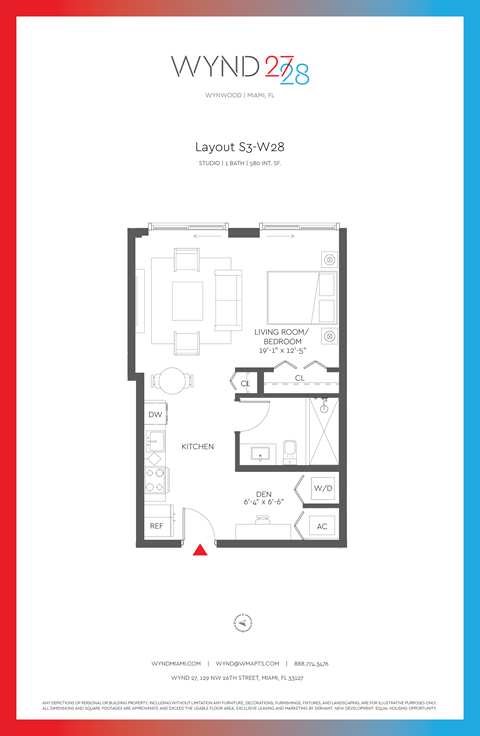 Floor plan for studio, 1 bath, 580 sqft